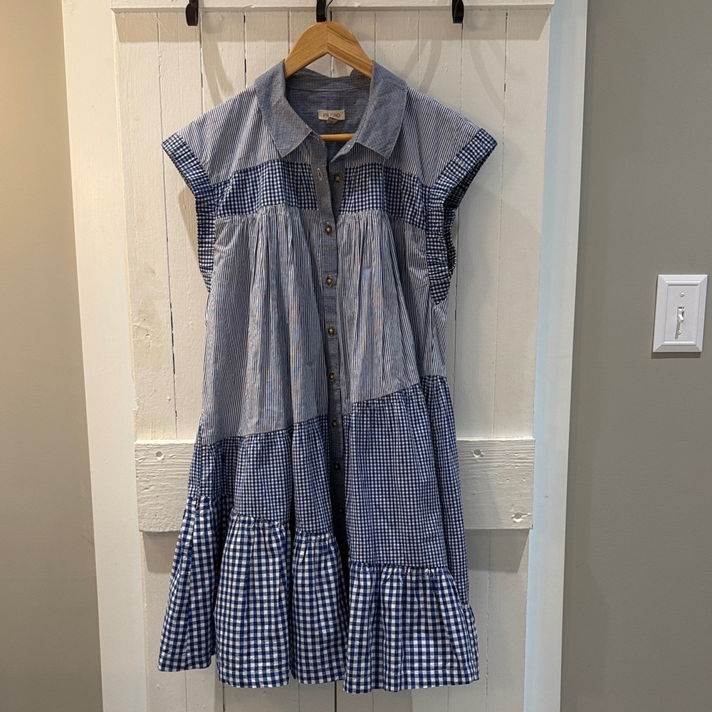 Pilcro Blue and White Checkered Asymmetrical Dress